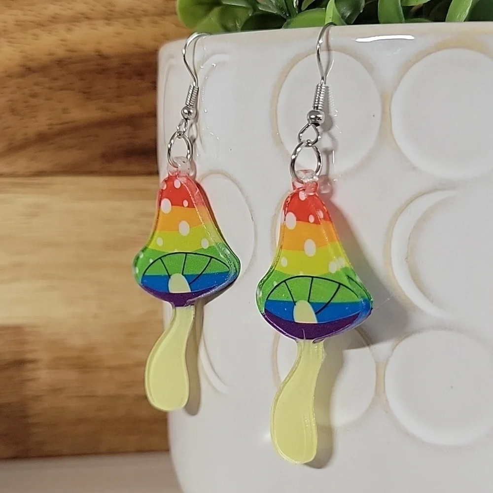 Rainbow Mushroom Drop Earrings - Picture 5 of 5